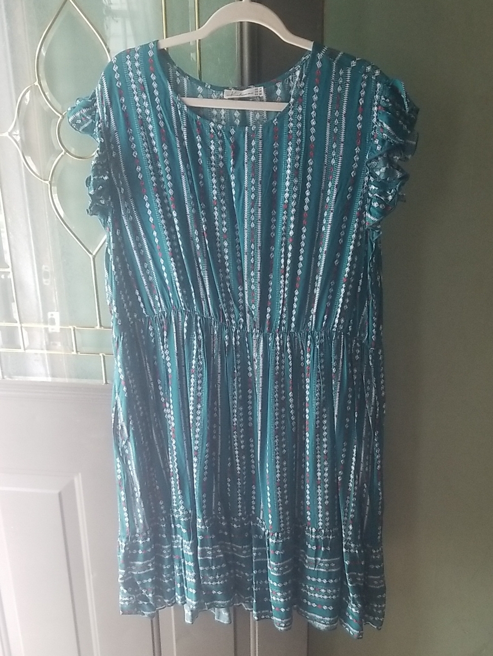 Teal Patterned Ruffle Sleeve Dress